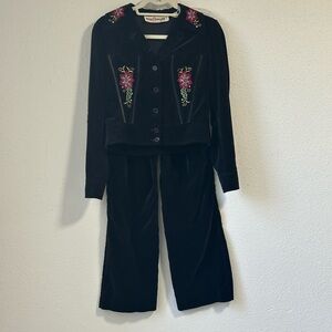 Vintage velvet black jacket and pants size youth 8 Pink and green embroidery.